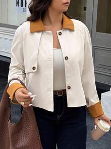 Easura 大码休闲拼色短款夹克 - 杏色 - 查看 5