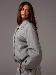 Athîral Women's Advanced Grey Winter Casual Occasion Short Coat,Oversized Jacket With Drop Shoulder Sleeves,Metal Snap Buttons & Ribbed Hem,Campus Style - Khaki - View 5
