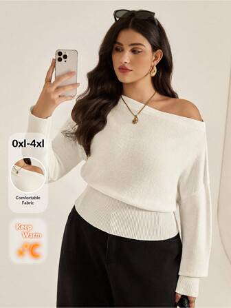 Auralis Plus Size Women's Autumn And Winter Fashion Casual Loose Comfortable Daily Simple Basic Versatile Off-Shoulder Long-Sleeved Beige Pullover Sweater,Fall Outfits,Simple Style,Back To School,Going Out Tops