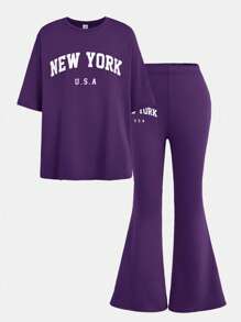 SHEIN Girlism Tween Girls Purple T-Shirt Co-Ords With Round Neck And Flared Pants Tween Girls Outfit In Purple With Short Sleeves And Regular Length For Daily Wear Purple Outfit Purple Clothes New York Outfit Purple Outfits For Girls Purple Outfits For Teens Teen Girl Outfits