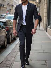 Manfinity Bizformal Traje de blazer y pantalones de cuello de solapa liso de manga 3/4 para hombre - Azul Marino - Ver 1