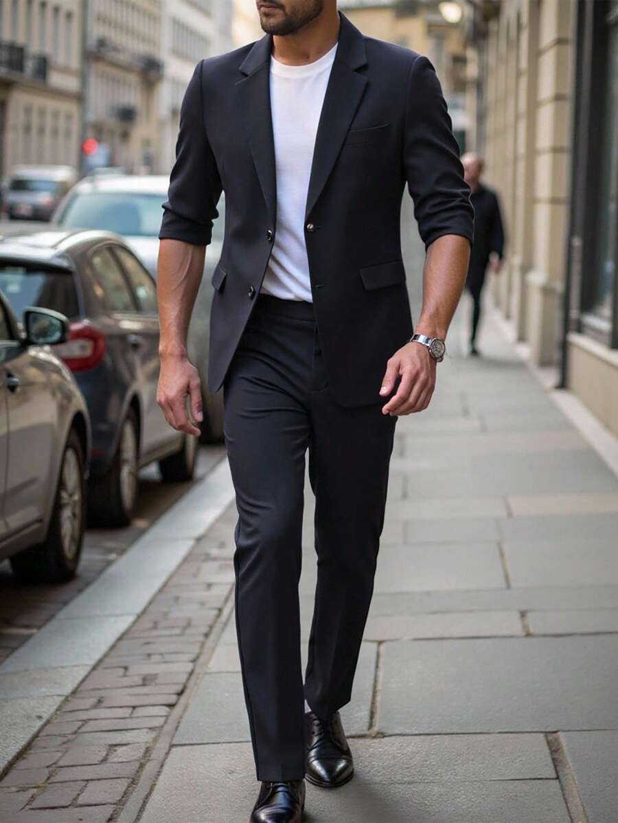 Manfinity Bizformal Traje de blazer y pantalones de cuello de solapa liso de manga 3/4 para hombre - Azul Marino - Ver 1