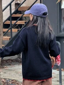 女童圆领小狗图案毛衣，青少年女孩秋季服装 - 寶藍色 - 查看 4
