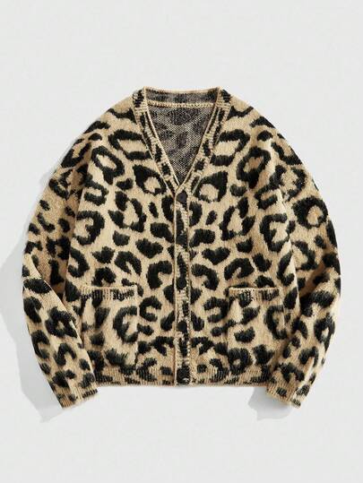 Street Life Men's Leopard Print Knit Cardigan, Retro , Fall Winter