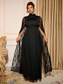 Cravure 永不过时：哥特式预科风，融入星期三的韵味。拥抱你内心的阴影，展现暗黑女性时尚。大码女式奢华派对宴会，优雅别致的设计，高端感修身披肩，超长袖蕾丝开衩，黑色高领长裙 - 黑色 - 查看 6