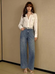 MOTF PREMIUM JEANS DE PIERNA RECTA CON AJUSTE HOLGADO Y ADORNOS DE RHINESTONE ELEGANTES - Azul - Ver 3