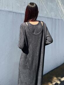 FRIFUL Đầm suông dài tay màu xám đậm trơn cho nữ, Bộ đồ hai mảnh thường ngày, Mùa thu - Màu xám đen - Xem 5