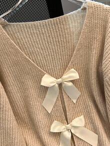 Franclia Women's Drop Shoulder Bow Decor Loose Knit Sweater - Beige - View 4