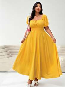 Solflare 加大码女式黄色短袖休闲系带前腰收腰优雅度假装女士休闲婚礼宾客礼服，春夏季，太阳裙，毕业礼服，节日，生日礼服 - 黃色 - 查看 5