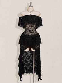 SHEIN ICON Plus Size Off Shoulder Ruffle Lace Tiered Short Front Long Back Dress, Boho, Vacation - Black - View 5