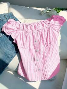 Comfortcana Blusa de mujer de verano con mangas abullonadas y rayas rosas