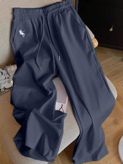 INAWLY 全新休闲骏马刺绣宽松百搭纯色直筒裤女秋季女装