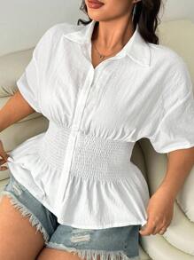 Solflare Women's Plus Size White Summer Silky Smart Casual Everyday Shirred Solid Button Up Shirt,Business Casual Long Sleeve Simple Top Comfort - White - View 8