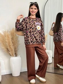 SHEIN Bộ quần áo nỉ cổ tròn thoải mái, tối giản, rộng rãi cho bé gái tuổi mới lớn - Màu Khaki - Xem 4