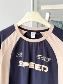 SHEIN Tricou Tween pentru fete, cu mânecă raglan în contrast, model Campus, supradimensionat, cu imprimeu personalizat și mânecă medie - Albastru marin - Vizualizare 4