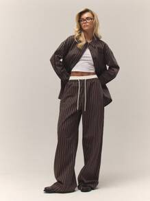 MUSERA Quần ống rộng kẻ sọc màu kem dáng thoải mái, cạp chun, chỉ có dây rút, phong cách cổ điển, dễ thương, đồng quê, nhà tranh, thường ngày cho nữ sinh, màu caramel, mùa hè. - Nhiều màu - Xem 2