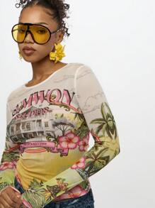 SUMWON WOMEN 夏威夷风情印花长袖网眼纽扣衬衫 花卉芙蓉海滩别墅夏季度假胜地棕榈系列轻盈飘逸热带岛屿上衣 - 彩色 - 查看 6