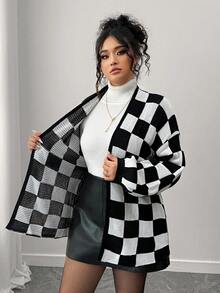 Elenzga Gothic Academia Check Detail Halloween Autumn/Winter Fashion Casual Color Block Checkerboard Patchwork Women Loose Fit Plus Size Cardigan, Outerwear Suitable For Outing, Vacation, Party Black And White Checkered Cardigan