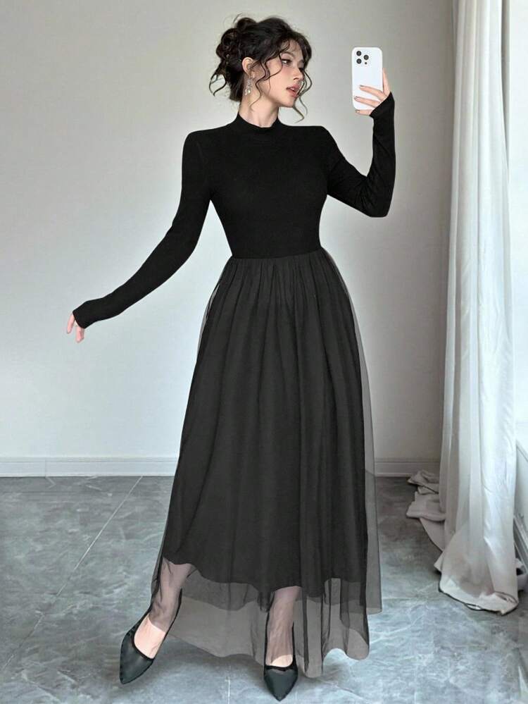 Women's Elegant Mesh Patchwork Long Sleeve Midi Dress, Casual Basic Stand Collar Dress For Wedding Party, Autumn/Winter,Fall Women Clothes