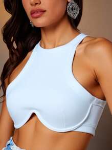 Denimoi Women Solid Color Crop Top Sleeveless Sexy Shirt - White - View 5