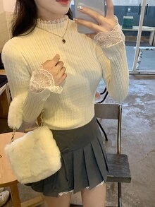 DAZY 女士纯色韩版蕾丝拼接长袖休闲毛衣 - 白色 - 查看 6