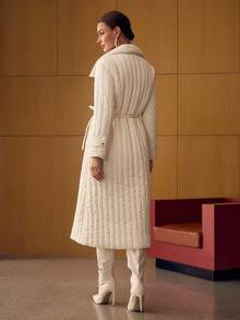 MOTF PREMIUM 系腰带双排扣冬季大衣 - 米色 - 查看 3