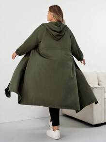 SHEIN CURVE+ 女式纯色抽绳连帽防水长袖风衣加大码连帽夹克加大码雨衣 Curve 秋季夹克 8xl 女装加大码橄榄绿夹克女装秋装、冬季、CURVE PLUS 秋冬 - 軍綠色 - 查看 6