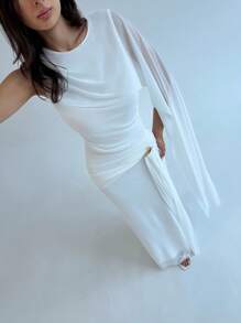 Aloruh 女式纯色拼布荷叶边优雅连衣裙 - 白色 - 查看 5