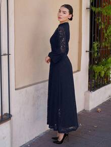 Andrea Bello 优雅春季女式长袖蕾丝酒红色连衣裙长款女装 - 藏蓝色 - 查看 6