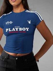 Missguided x Playboy Racing Club Crop Top Tee Motorcycle Flag Y2K Style Retro Checkered Flag Inspired Varsity Stripes Short Sleeve Classic Motor Club Collection Car Racing - Navy Blue - View 3