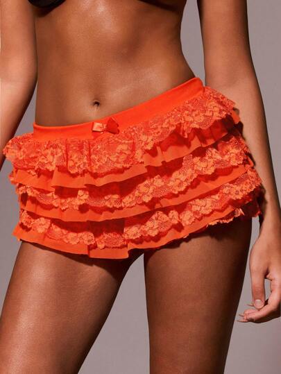 Athîral Summer Women Coquette Balletcore Sweet Bow Kawaii Mesh Contrast Lace Ruffle Trim Low Waist Micro Mini Shorts Summer Shorts Halloween Clothes