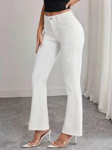 Elenzga 女式口袋撞色蕾丝喇叭优雅牛仔裤 - 白色 - 查看 1