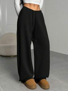 SHEIN EZwear 女士纯色前系带简约直腿运动裤，休闲日常穿着