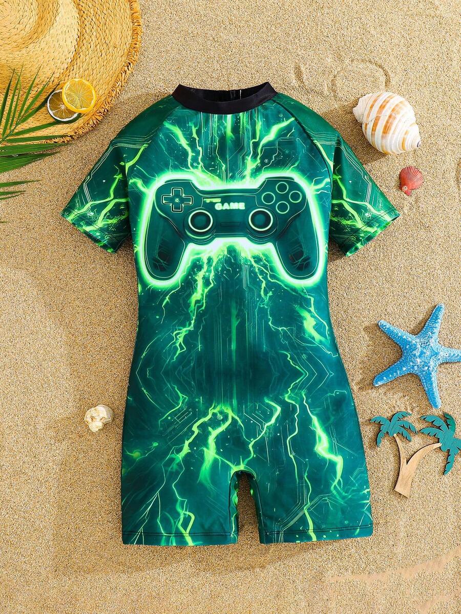 SHEIN Tween Boy Luminous Game Console Graphic Casual Beach One-Piece Swimsuit, Suitable For Seaside, Swimming Pool, Beach And Surfing Boys Swim Rash Guard Boys Swim Shirt Tween Boys Swim Shirt - Green - View 1