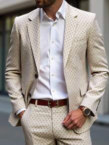 Calvornis Men's Casual Business All-Over Print Suit Jacket And Pants Set, Lapel Collar - Khaki - View 3