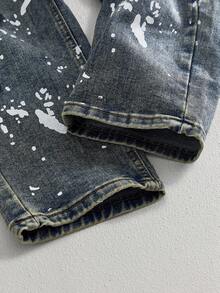 Manfinity VCAY Jeans casuales de cintura media para hombres, ajuste slim, jeans desgastados con salpicaduras de pintura, jeans desgastados, jeans con goteo, jeans rotos, jeans con salpicaduras de tinta, jeans con salpicaduras, jeans con pintura - Azul - Ver 3