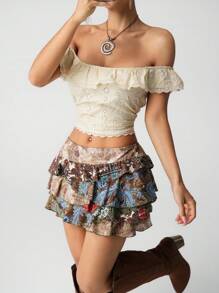 SHEIN ICON Retro Printed Layered Mini Skirt Boho Skirt Tiered Ruffle Skirt - Multicolor - View 4