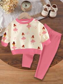 SHEIN 可爱卡通舞女蝴蝶结印花女婴休闲针织柔软厚圆领长袖运动衫和紧身裤套装 - 彩色 - 查看 2