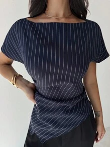 Firerie 休闲优雅格纹不对称下摆衬衫，适合通勤、日常休闲和时尚商务穿着/秋季女装/返校季/女教师/外出上衣/商务休闲女装/条纹衬衫/商务休闲女装/教师衬衫 - 藏蓝色 - 查看 6