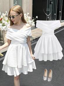 SHEIN 优雅纯色时尚休闲露肩少女连衣裙