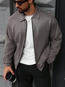 Manfinity Homme 男士休闲宽松麂皮夹克，深灰色，日常穿着，送给男友/老公的礼物，周年纪念礼物，男士拉链夹克，男士休闲夹克，男士麂皮夹克，男士衬衫式夹克，男士飞行员夹克，抓绒夹克 - 深灰色 - 查看 1