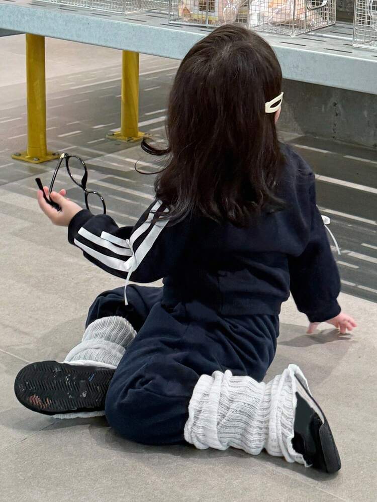 Baby Girls' Round Neck Bowknot Decor Korean Style Cute Long Sleeve Solid Color Side Stripe Sweatshirt Fall, Winter Clothes