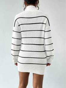 Chiquease 通勤百搭纹理条纹针织套头连衣裙，适合旅行和日常穿着 - 黑與白 - 查看 2