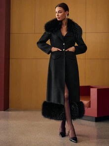 MOTF PREMIUM 羊毛对比仿皮草大衣 - 黑色 - 查看 5