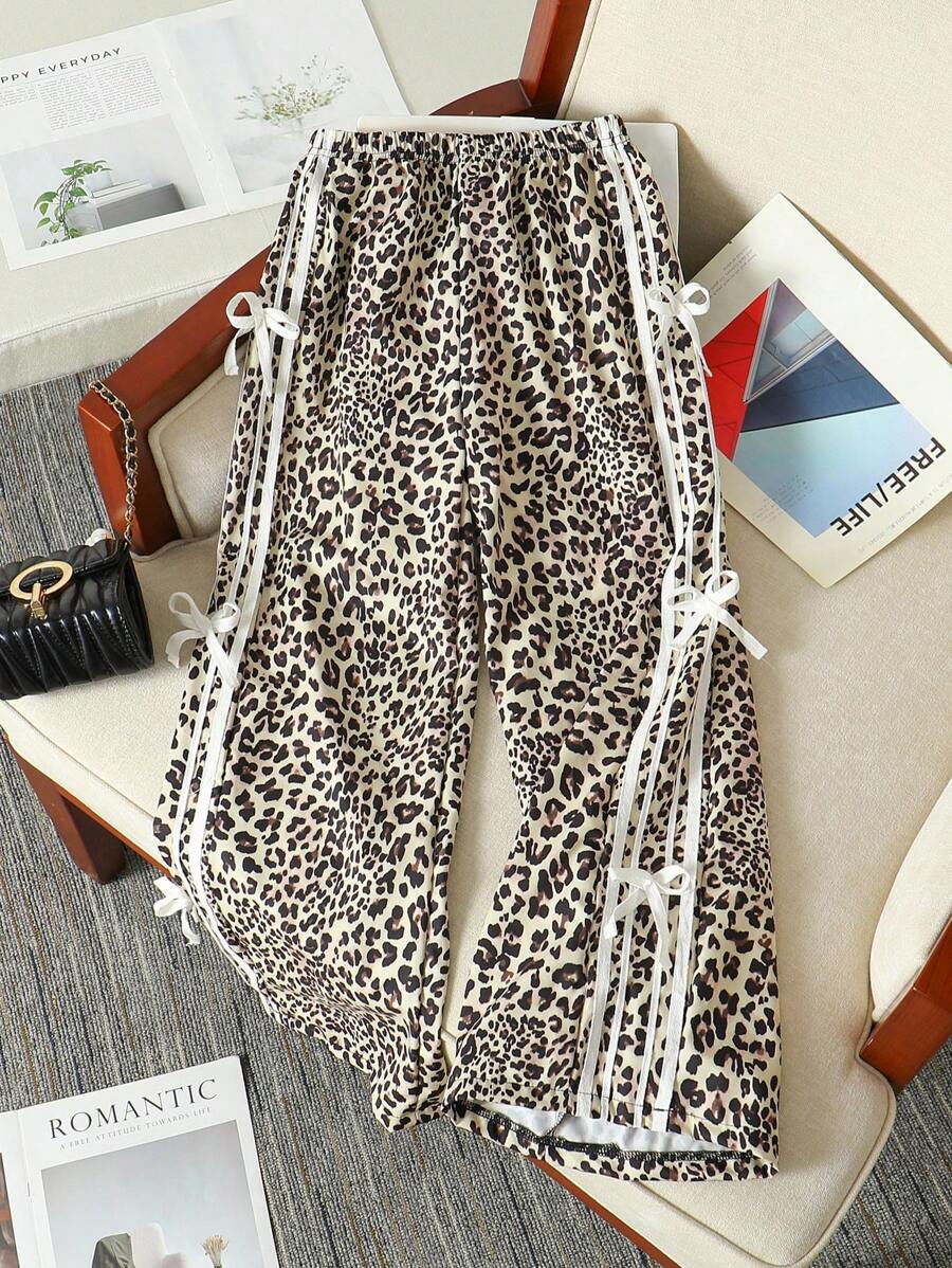 Sparklyn Tween Girls Wide Leg Geometric Print Long Pants With Pockets And Side Bow Details Leopard Pants Cheetah Print Pants Leopard Print Pants Tween Girl Leopard Set Fall Winter - Multicolor - View 1