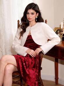 SHEIN MOD Chaqueta corta de peluche de moda con botones de perlas falsas y manga larga para mujer