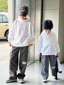 SHEIN 2pcs/Set Tween Boy 3D Letter Embossed Hoodie With Cargo Pocket And Two-Tone Sweatpants, Casual Outfit For Autumn/Winter, Suitable For School, Hangout, Vacation, All Occasions, Teen Boy Two Piece Set, Boy Kids Sweat Pants And Hoodie, 2 Piece Teen Boys Hoddie And Sweatpants Fall