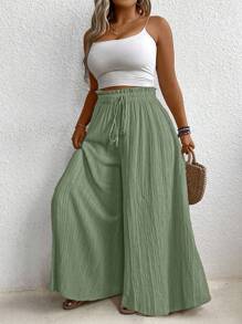 Breezaya Quần ống rộng dáng rộng màu trơn thắt eo xếp nếp dành cho nữ cỡ lớn - màu xanh lá - Xem 4