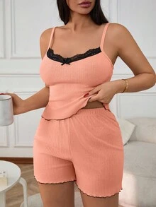 EURMUSE 2Pcs Cotton Lace Trim Cami Top&Shorts With Lace Detail Homewear Set - Coral Orange - View 4