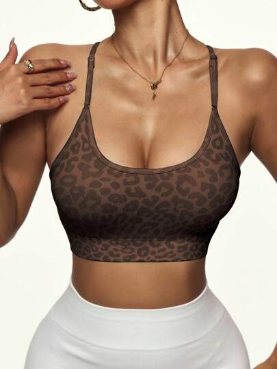 Slay 1pc Leopard Print Criss Cross Racerback Sports BH Yoga, Running Cheetah Spots view 3